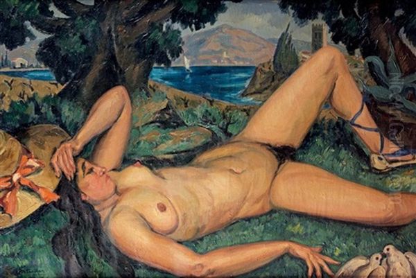 Femme Nue Allongee Aux Colombes Oil Painting by Roger-Maurice Grillon