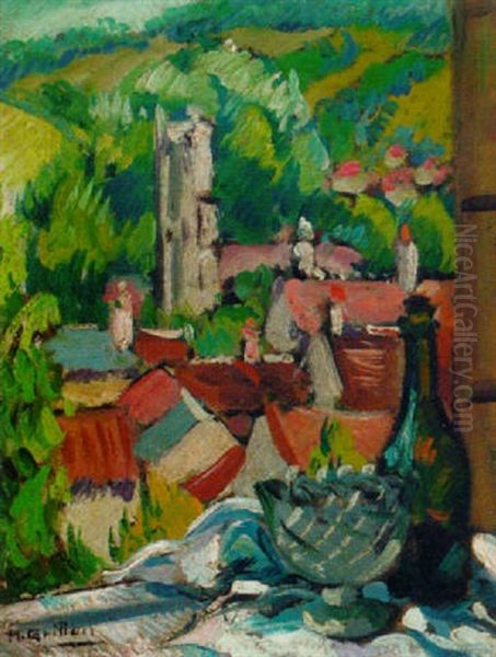 A French Town Seen From A Window Oil Painting by Roger-Maurice Grillon