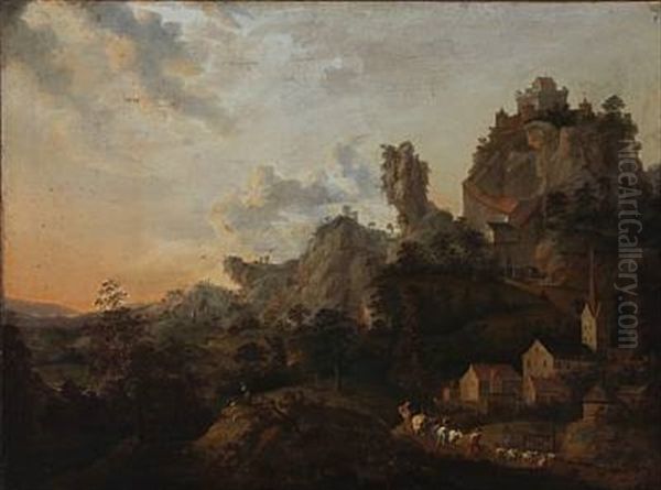 Mountain Landscape At Sunset Oil Painting by Giovanni Francesco Grimaldi