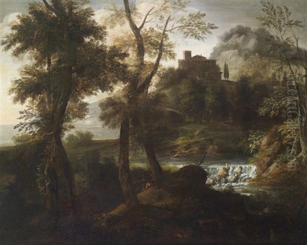 Landschaft Mit Architektur (+ Another, Similar; Pair) Oil Painting by Giovanni Francesco Grimaldi