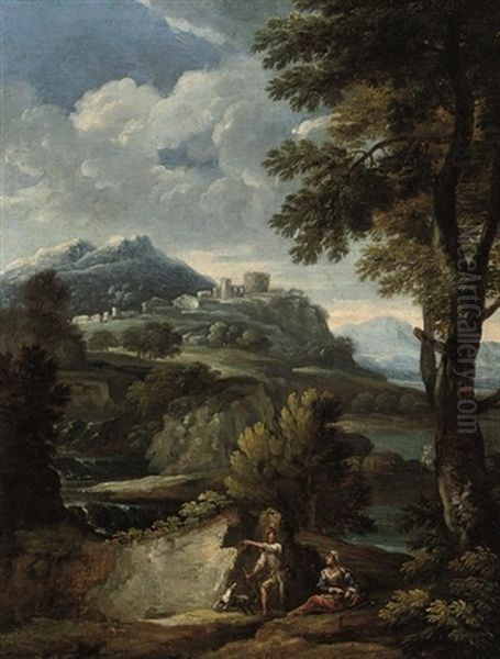 An Italianate Wooded River Landscape With Shepherds And Their Dog By A Waterfall, Ruins Beyond Oil Painting by Giovanni Francesco Grimaldi