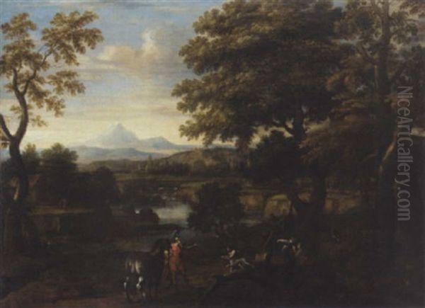 A Classical River Landscape With Erminia And The Shepherd Oil Painting by Giovanni Francesco Grimaldi