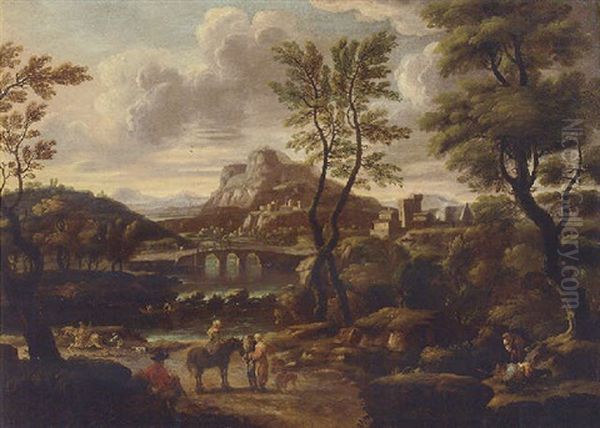 An Extensive Landscape With Travellers On A Track, A Bridge And Village Beyond by Giovanni Francesco Grimaldi