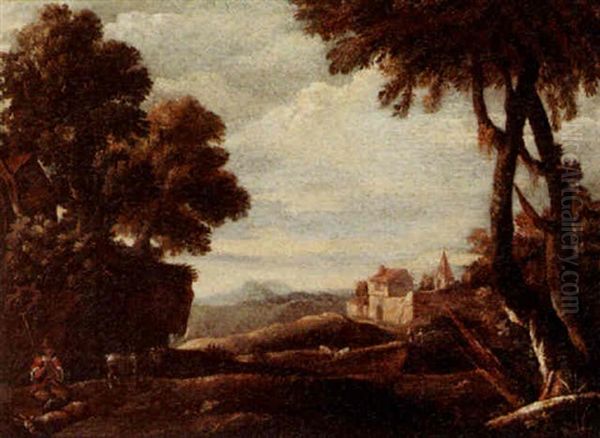 An Italianate Landscape With A Shepherd And His Flock Oil Painting by Giovanni Francesco Grimaldi