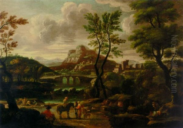 A Landscape With Travellers On A Track, A Bridge And Village Beyond Oil Painting by Giovanni Francesco Grimaldi