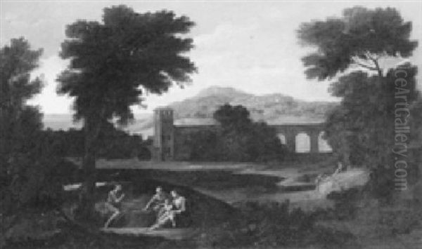 Figures By An Aqueduct In An Italianate Landscape Oil Painting by Giovanni Francesco Grimaldi