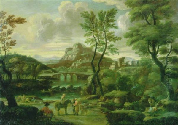 Italienische Landschaft Mit Wanderern Und Reitern Oil Painting by Giovanni Francesco Grimaldi