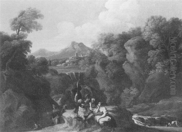 A Rocky River Landscape With A Soldier Conversing With Peasants In The Foreground Oil Painting by Giovanni Francesco Grimaldi