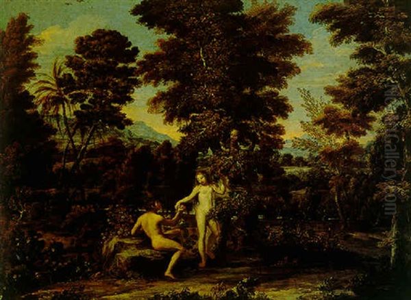 Adam And Eve In The Garden Of Eden Oil Painting by Giovanni Francesco Grimaldi