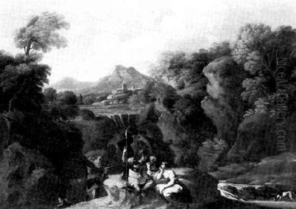 A Rocky River Landscape With A Soldier Conversing With Peasants Oil Painting by Giovanni Francesco Grimaldi