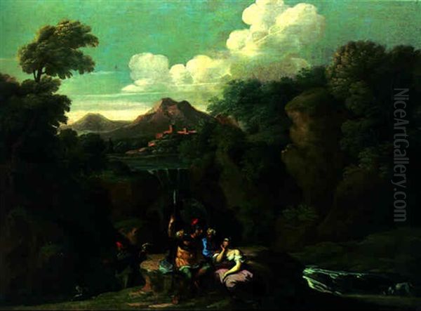 A Rocky River Landscape With A Soldier Conversing With Peasants On An Outcrop Oil Painting by Giovanni Francesco Grimaldi