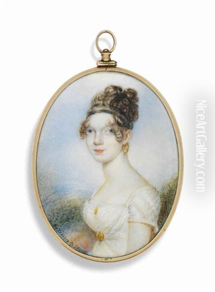 A Young Lady, In White Dress With Gold Brooch Clasp; Landscape Background Oil Painting by William Grimaldi