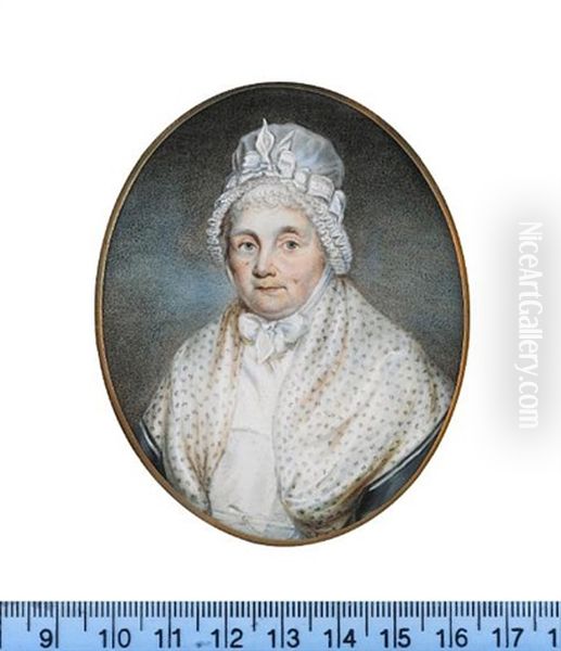 An Elderly Lady, Wearing Teal Dress, White Shawl Tied At Her Waist, Cream Figured Shawl, White Bonnet With Ribbon And Ruffled Trim Fastened Under Her Neck With A Bow by William Grimaldi