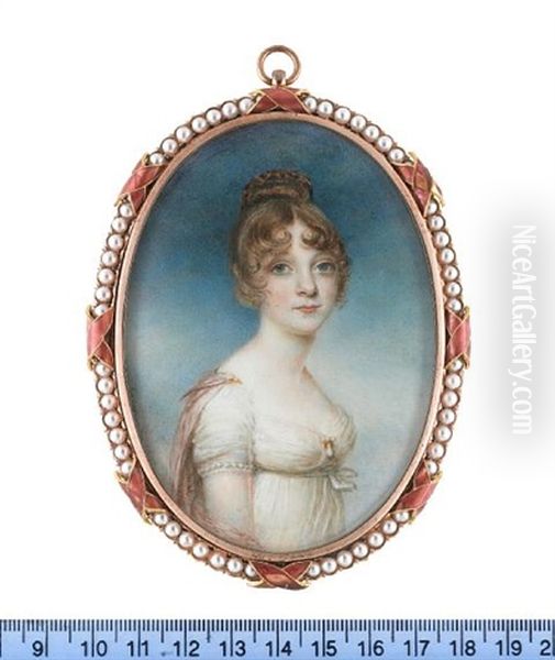 A Lady, Wearing White Dress With A Strand Of Pearls To The Trim Of Her Sleeve, A Gold And Pearl Pendent Brooch At Her Corsage, Pink Stole Fastened At Her Shoulders With A Gold Brooch Pin Oil Painting by William Grimaldi