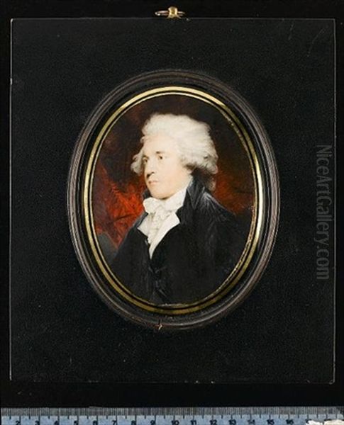 Sir George Howland Beaumont, 7th Bt, Wearing Black Coat, White Waistcoat, Frilled Chemise, Tied Cravat And Powdered Wig, Red Curtain Background Oil Painting by William Grimaldi