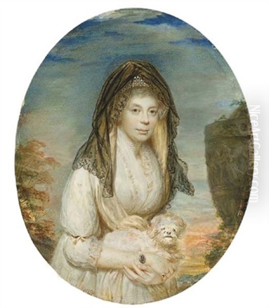 Queen Charlotte, Holding A Maltese Lap-dog, In Lace-bordered White Dress, Wearing A Diamond-set Portrait Miniature Of King George Iii On A Pearl Bracelet, Five-strand Pearl Choker, Black Lace Veil Oil Painting by William Grimaldi