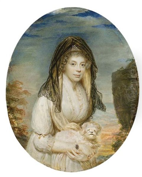 Queen Charlotte, Holding A Maltese Lap-dog, In Lace-bordered White Dress, Wearing A Diamond-set Portrait Miniature Of King George Iii On A Pearl Bracelet, Five-strand Pearl Choker Oil Painting by William Grimaldi