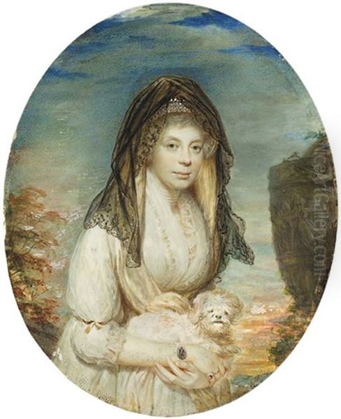 Queen Charlotte (1744-1818), Holding A Maltese Lap-dog, In Lace-bordered White Dress, Wearing A Diamond-set Portrait Miniature Of King George Iii On A Pearl Bracelet, Five-strand Pearl Choker Oil Painting by William Grimaldi