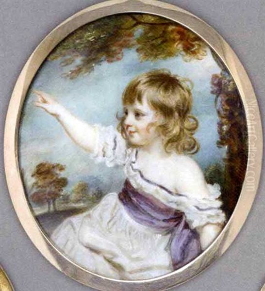 Francis George Hare As A Child With His Right Arm Raised, In Purple-bordered White Dress With Wide Purple Sash, Long Curling Hair; Tree And Foliate Background Oil Painting by William Grimaldi