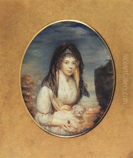 Charlotte Sophia Of Mecklenburg-strelitz Holding A Maltese Lap-dog, Wearing White Dress, Straw Hat With Black Veil, Pearl Choker And Bracelet, Her Hair Powdered Oil Painting by William Grimaldi