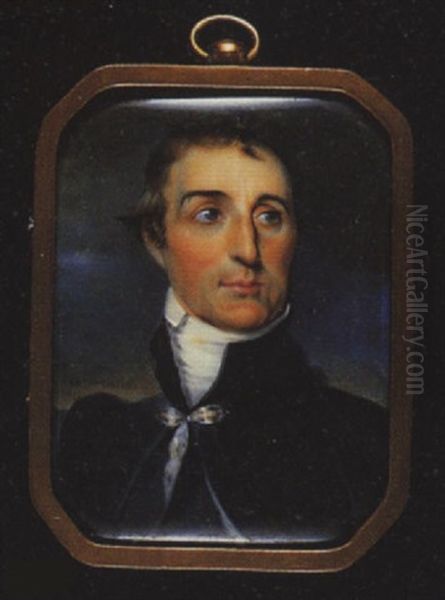 Arthur Wellesley, Duke Of Wellington Wearing Dark Blue Coat And Matching Cloak Secured At His Neck With A White Bow And White Stock Oil Painting by William Grimaldi