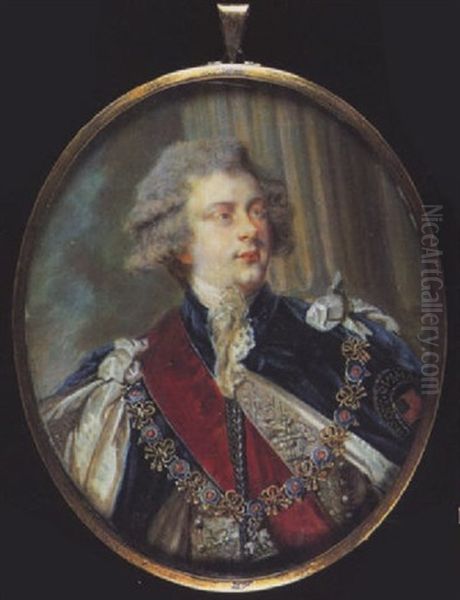 King George Iv, As Prince Regent, Wearing The Regalia Of The Order Of The Garter, Blue Robes, Red Sash, Collar And Breast Star Oil Painting by William Grimaldi