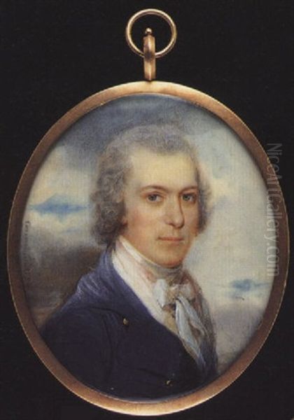 Gabriel Goldney Wearing Blue Coat With Brass Buttons, Pink And White Waistcoat, Tied White Cravat, His Hair Powdered Oil Painting by William Grimaldi