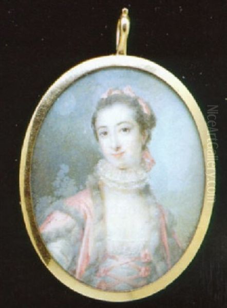 A Lady, In Grey Dress With Pink Lacing On The Bodice And White Lace At Her Corsage, Pink Surcoat With Trim, Ribbons In Her Hair by William Grimaldi