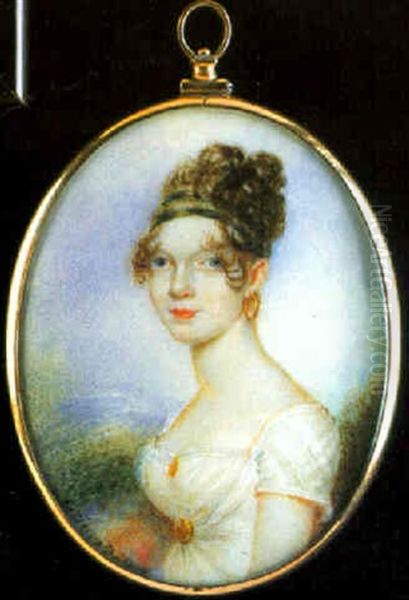 A Young Lady Wearing A White Dress Clasped With Gold Brooch & Earings Oil Painting by William Grimaldi