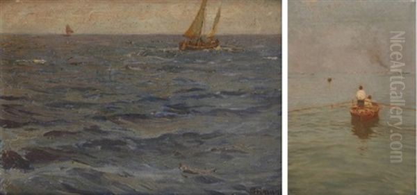 Rowing Back To Shore Trieste And Sailboat (2 Works) Oil Painting by Guido Grimani