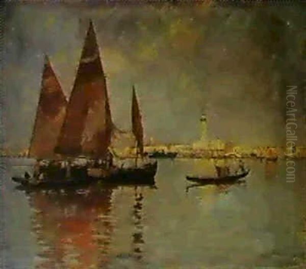 Fishing Boats On The Lagoon, Venice Oil Painting by Guido Grimani