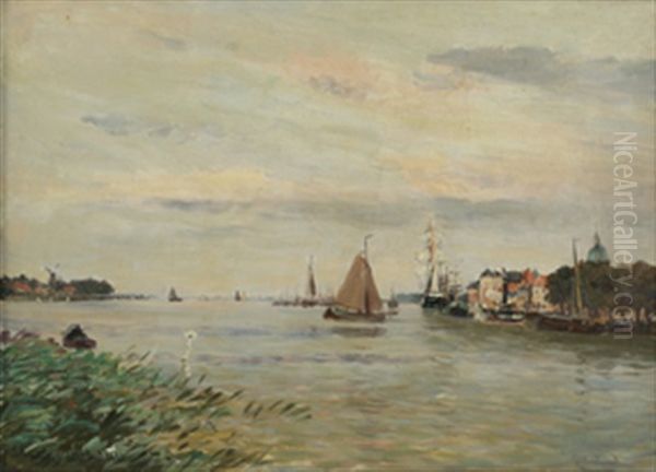 Hollandsk Havneparti Oil Painting by Johannes Martin Grimelund