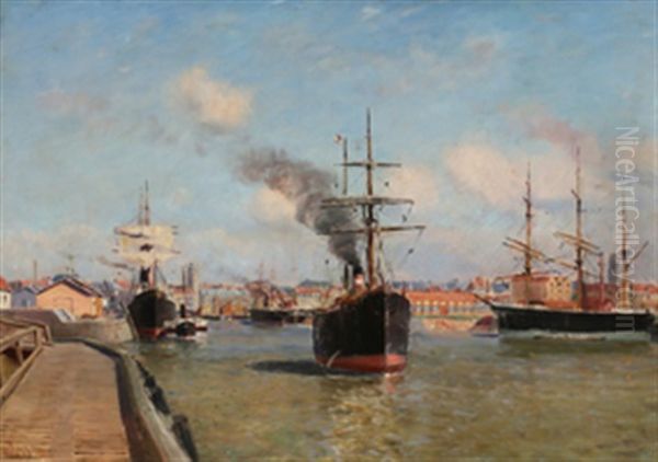 Havnemotiv Fra Antwerpen Oil Painting by Johannes Martin Grimelund