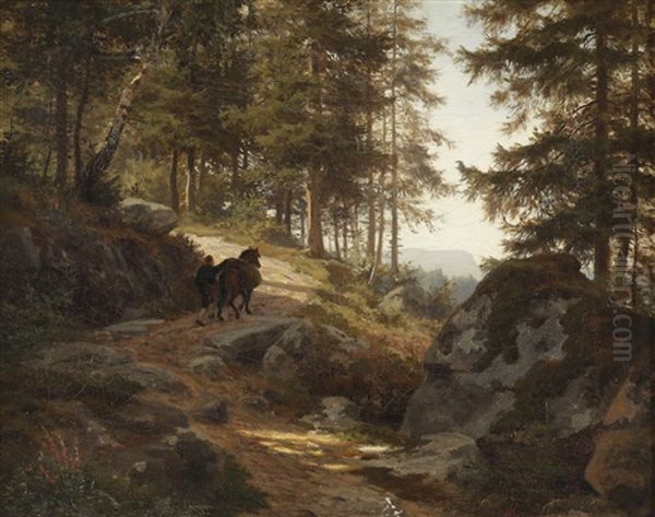 Klovhest I Skogen, Saetervei Oil Painting by Johannes Martin Grimelund