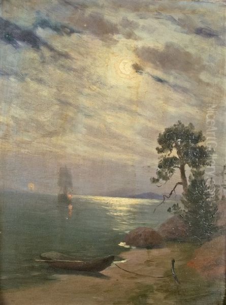 Moonlight On The Coast Oil Painting by Johannes Martin Grimelund