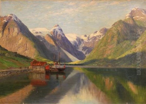 A View Of Fjaerlandsfjord, Norway Oil Painting by Johannes Martin Grimelund