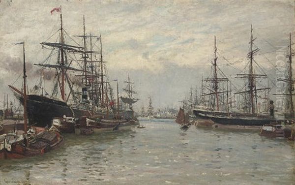 A Bustling Scandinavian Harbour, With The Steamer "regina" At The Dockside Oil Painting by Johannes Martin Grimelund