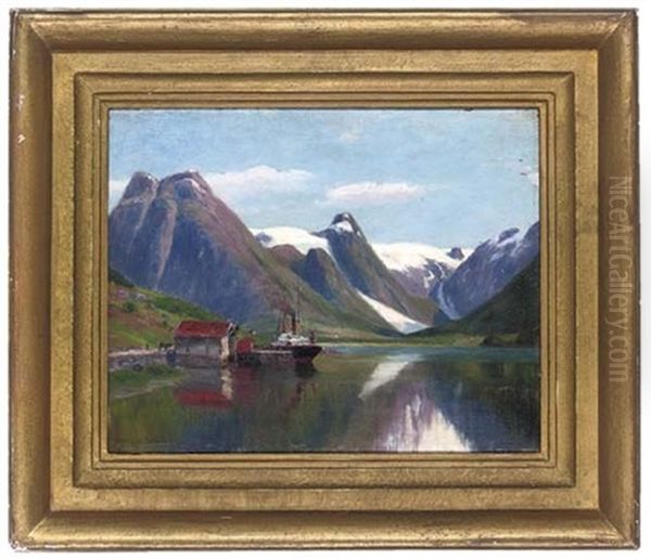 A Steamboat In A Norwegian Fjord Oil Painting by Johannes Martin Grimelund