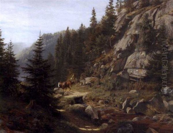 Landskap Med Mann Og Hest Oil Painting by Johannes Martin Grimelund