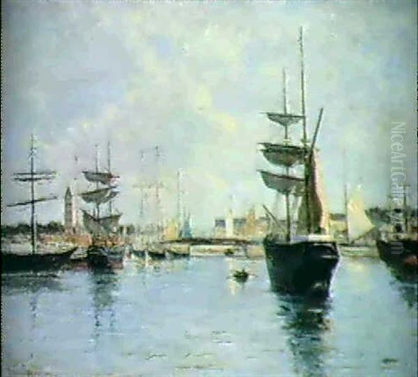 A View Of A Port Oil Painting by Johannes Martin Grimelund