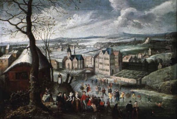 Patineurs Sur Une Riviere Aux Abords D'une Ville Oil Painting by Jakob Grimer