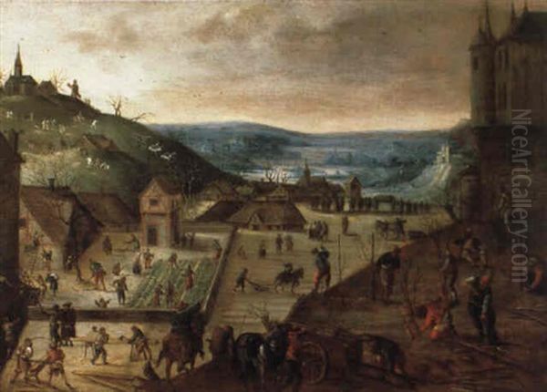 Ein Dorf Mit Zimmerleuten, G,rtnern Und Bauern Bei Der Arbeit Oil Painting by Jakob Grimer