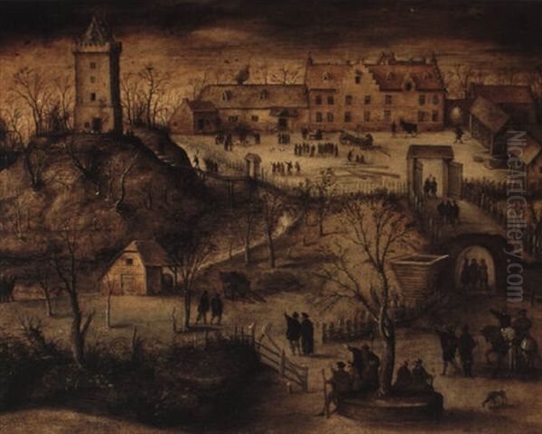 A Winterlandscape With A Manor House, Outbuildings And      Numerous Figures Oil Painting by Jakob Grimer