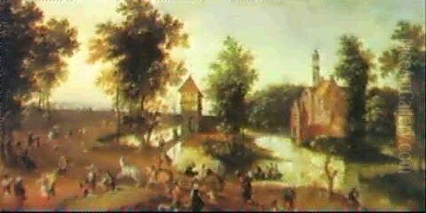 A Landscape With Many Figures And A Distant View Of         Antwerp Oil Painting by Jakob Grimer