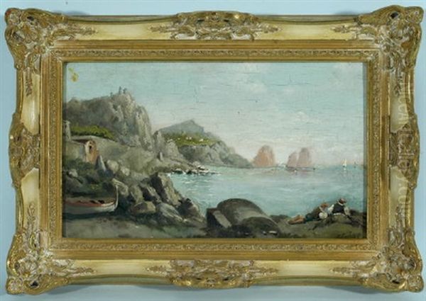 Fischer Am Strand Von Capri Mit Blick Auf Die Faraglioni Oil Painting by Johann Georg Grimm