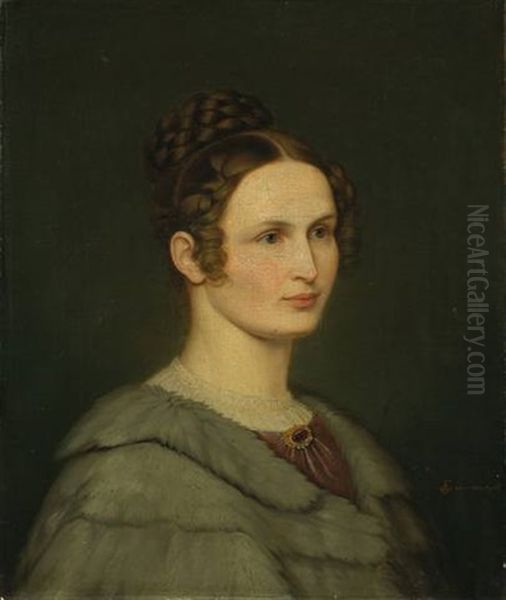 Marie Grimm, Geb. Bottner (1803-42), Die Erste Frau Des Malers, Brustbild Im Halbprofil Nach Rechts, Mit Pelzjacke Oil Painting by Ludwig Emil Grimm