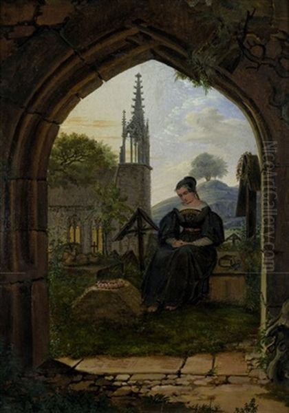 Trauerndes Madchen Auf Einem Friedhof Oil Painting by Ludwig Emil Grimm