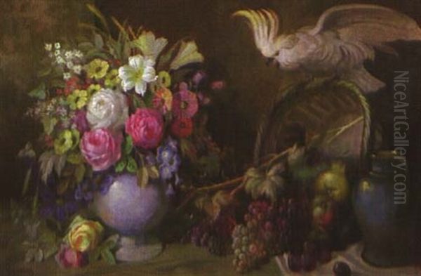 Stilleben Mit Blumenstraus, Fruchten Und Einem Kakadu Oil Painting by Theodor Grimm