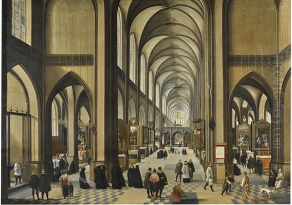 Interior Of Antwerp Cathedral, With Figures Worshipping And Promenading Oil Painting by Abel Grimmer