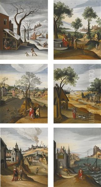 Series Of Six Landscapes Representing Months Of The Year, With Scenes From The Infancy Of Christ And Parables From The Gospels Oil Painting by Abel Grimmer